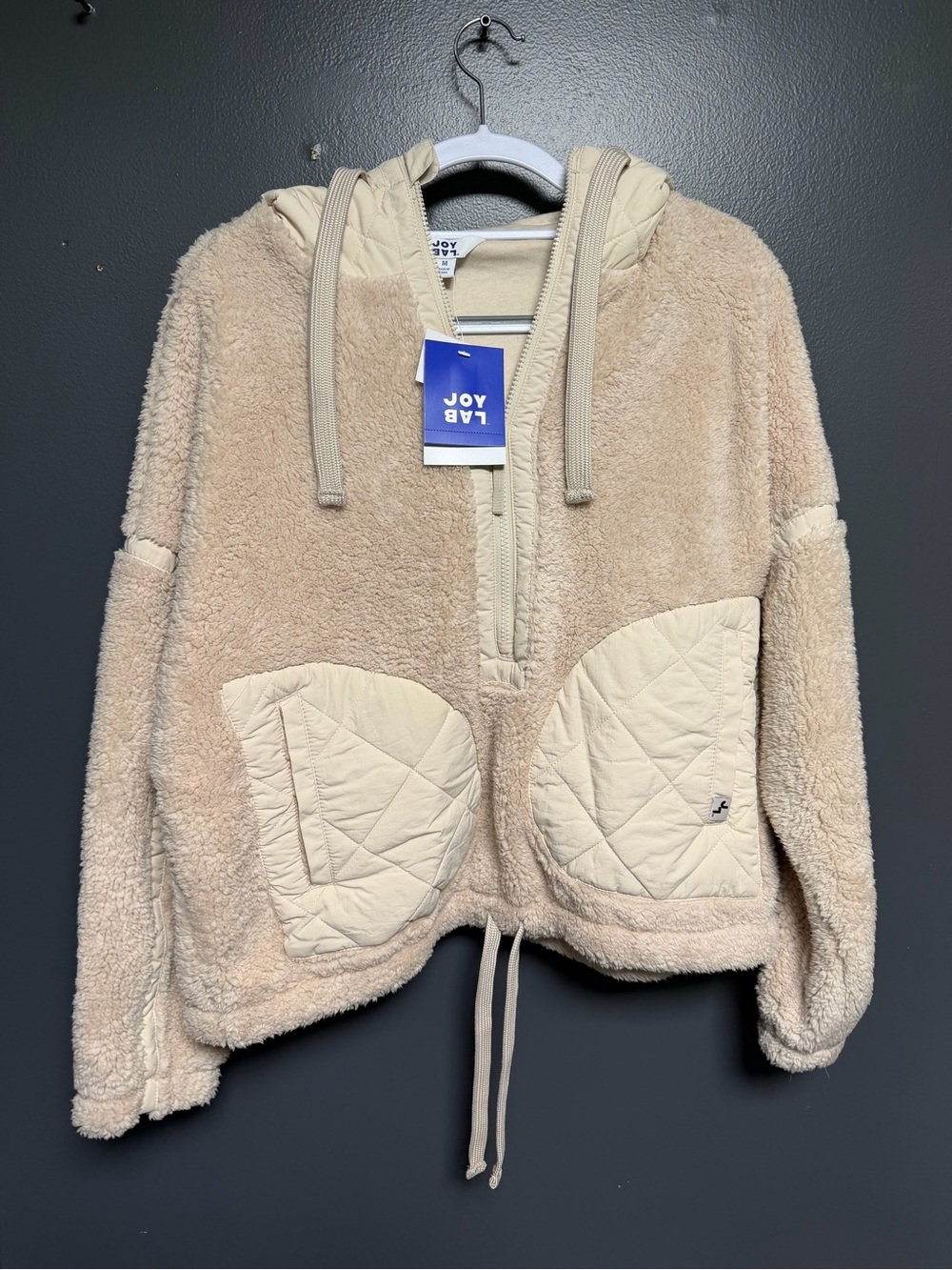 NWT JoyLab Contrast High-Pile Half-Zip Teddy Fleece Jacket - Medium Almond Beige